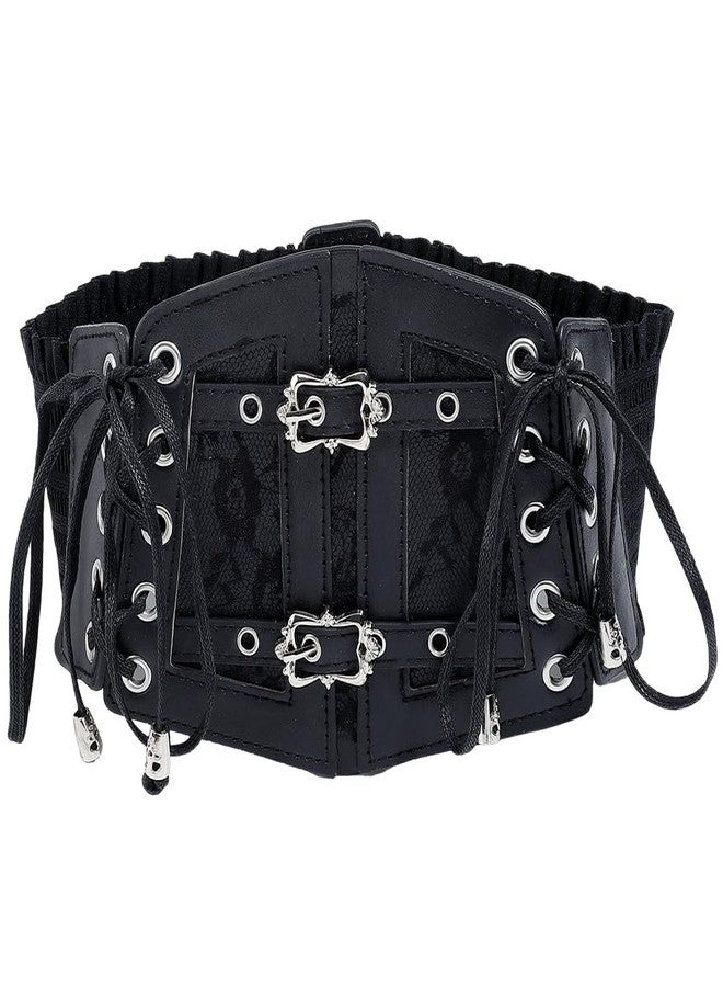 CABODYALS Black Faux Leather Waist Corset Belt Wide Vintage Medieval Around Obi Trendy Elastic Lace Up Waistband Belts with Alloy Buckle Loosens Bulk for Women Dress Shirts Clothes Costume Accessories - Image 1